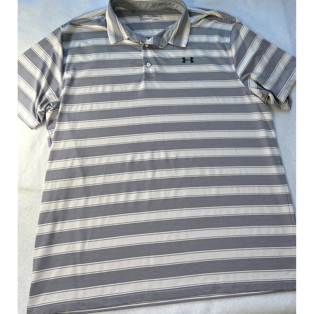 Under Armour Mens 2XL HeatGear Striped Polo Shirt White Navy Blue Loose Fit - Picture 1 of 8
